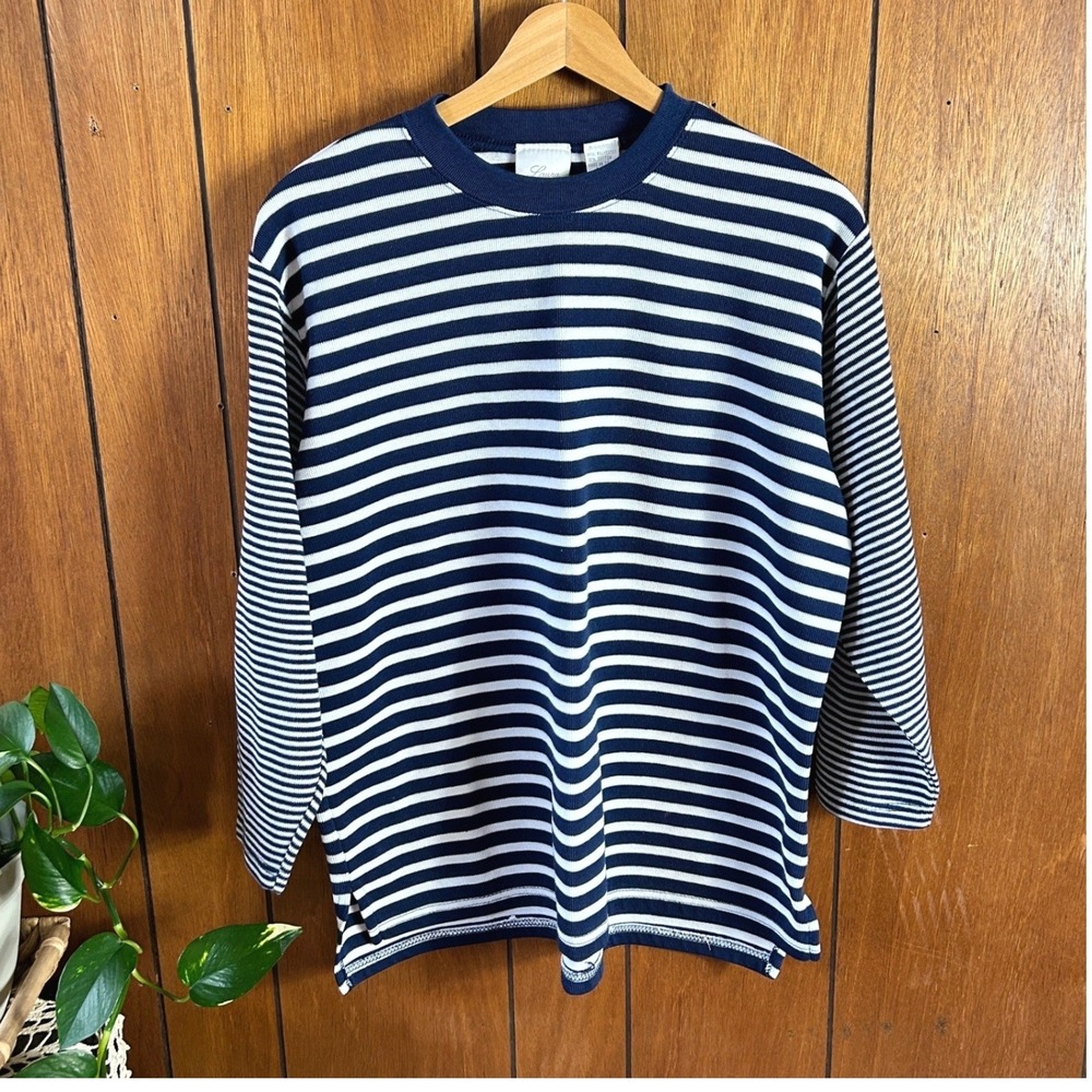 Vintage Laura‎ Gayle Navy Blue White Striped Ribbed Knit Top Crew Neck Nautical